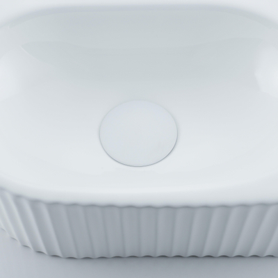 QeramiQ Fuente Ensemble de Lavabo - 40x21.5x12cm - droite - strié - demi-rond - 1 trou de robinet - céramique - ensemble de robinet blanc mat - bouchon de vidange - siphon réduit - blanc mat