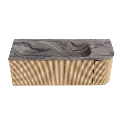 MONDIAZ KURVE-DLUX 125cm badmeubel ronding Rechts kleur Oak met 1 lade en 1 deur. Wastafel BIG MEDIUM Links 1 kraangat Sombra.