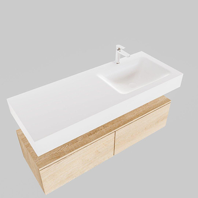 MONDIAZ ALAN 120cm - meuble bas - chêne blanchi - 2 tiroirs - lavabo suspendu - vasque à droite - 1 trou de robinet - talc