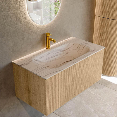 MONDIAZ KURVE-DLUX 90cm badmeubel kleur Oak met 1 lade en 0 deuren. Wastafel BIG SMALL Midden 1 kraangat Nata.