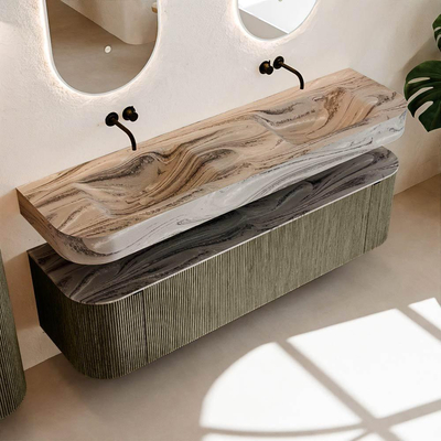 MONDIAZ THOR-DLUX 170cm meuble de salle de bains arrondi gauche + droite couleur Shadow avec 1 tiroir et 2 portes. Vasque suspendue CLOUD Double sans trou de robinet couleur Sombra.