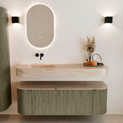 MONDIAZ THOR-DLUX 140cm badmeubel ronding links + rechts kleur Shadow met 1 lade en 2 deuren. Vrijhangende wastafel CLOUD Links zonder kraangat kleur Saba.