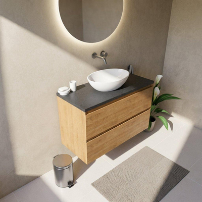Saniclass Holz Pure Ensemble meuble de salle de bains - 100x45x63cm - plan vasque en basalte Noche poli (noir) - sans trou de robinet - 2 tiroirs - chêne natural mat (bois)