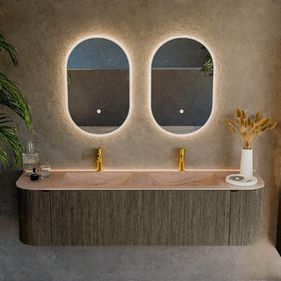 MONDIAZ KURVE-DLUX 170cm badmeubel ronding Links + Rechts kleur Shadow met 1 lade en 2 deuren. Wastafel LEAF Dubbel 2 kraangaten Saba.