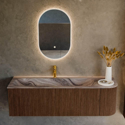 MONDIAZ KURVE-DLUX Meuble de salle de bains 145cm arrondi à droite couleur Walnut avec 1 tiroir et 1 porte. Lavabo BIG LARGE à gauche 1 trou de robinet Sombra.