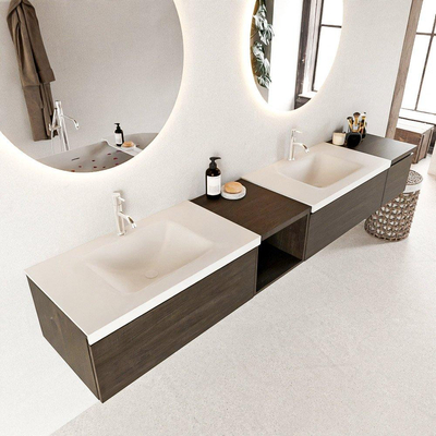 MONDIAZ BUKLA 240cm ensemble de meuble avec module ouvert 40 gauche couleur Marron Foncé avec 3 tiroirs. Lavabo CLOUD double 2 trous de robinet couleur Talc.