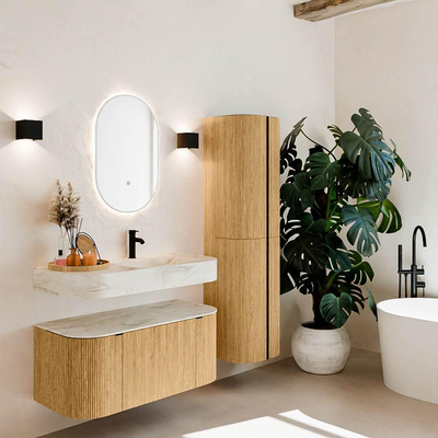 MONDIAZ THOR-DLUX 100cm badmeubel ronding links + rechts kleur Oak met 1 lade en 2 deuren. Vrijhangende wastafel CLOUD Rechts 1 kraangat kleur Ostra.