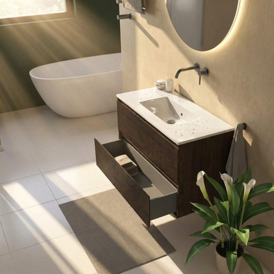 Saniclass Holz Atelier Ensemble de meubles de salle de bains - 100x45x62cm - Lavabo Vygo en céramique blanc - 1 vasque - sans trou de robinet - 2 tiroirs - chêne charcoal mat (bois)