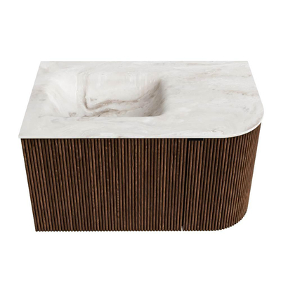 MONDIAZ KURVE-DLUX Meuble de salle de bains 75 cm avec module 25 R couleur Walnut avec 1 tiroir et 1 porte. Lavabo GRUNNE à gauche sans trou de robinet couleur Frappe.