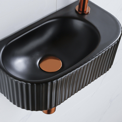 Fugaflow Efficiente Pietra Ensemble fontaine - 40x21,5x12cm - droite - rainuré - demi-ronde - 1 trou de robinet - céramique - robinet de fontaine cuivre brossé - bouchon de vidange - siphon abaissé - noir mat