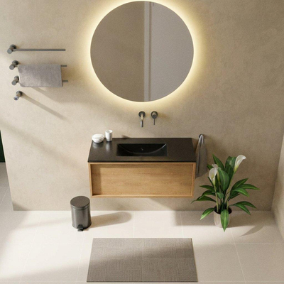 Saniclass Holz Frame Ensemble de meubles de salle de bains - 100x45x42cm - lavabo Vygo en céramique noir - 1 vasque - sans trou de robinet - 1 tiroir - chêne natural mat (bois)