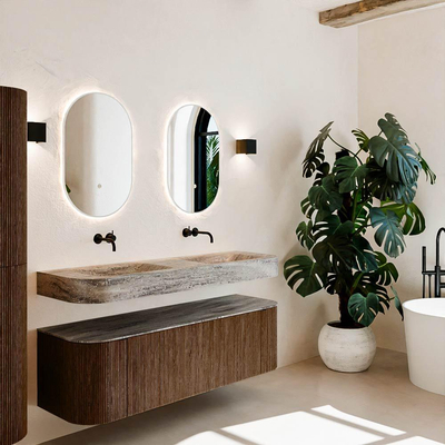 MONDIAZ THOR-DLUX 150cm meuble de salle de bains arrondi gauche + droite couleur Walnut avec 1 tiroir et 2 portes. Vasque suspendue CLOUD Double sans trou de robinet couleur Oza.