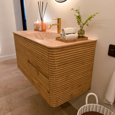 Mondiaz CIRO-DLUX Badkamermeubelset - 100x45x50cm - Solid surface wastafel Saba - 1 wasbak Midden - 1 kraangat - 2 lades - Oak