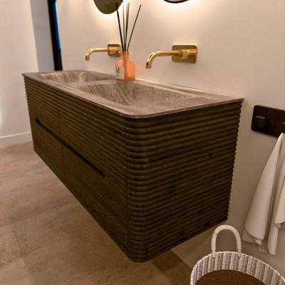 Mondiaz CIRO-DLUX Meuble de salle de bains - 130x45x50cm - lavabo Solid surface Oza - 2 vasques Double - sans trous de robinet - 4 tiroirs - Shadow