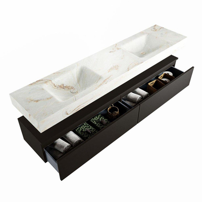 Mondiaz ALAN-DLUX Ensemble de meuble - 200cm - meuble Urban mat - 2 tiroirs - Lavabo Cloud Frappe suspendu - vasque Gauche et droite - 2 trous de robinet