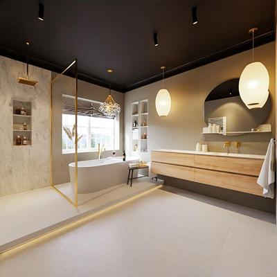 MONDIAZ VICA-DLUX Ensemble meuble de salle de bains - 200cm - meuble bas Washed oak - 4 tiroirs - lavabo encastré cloud à droite - sans trous de robinet - version haute 60cm - opalo