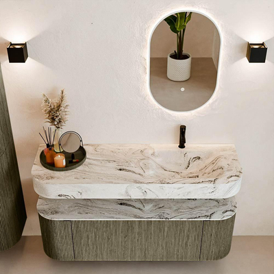 MONDIAZ THOR-DLUX 140cm meuble de salle de bains arrondi gauche + droite couleur Shadow avec 1 tiroir et 2 portes. Vasque suspendue CLOUD Droite 1 trou de robinet couleur Glace.