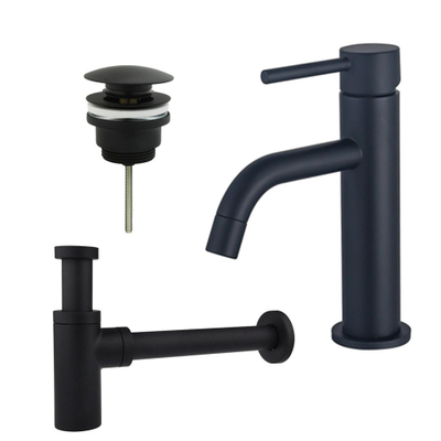 FugaFlow Eccelente Sobrado Slim Slim Kit mitigeur lavabo - robinet bas - bonde clic clac - siphon design - Noir mat