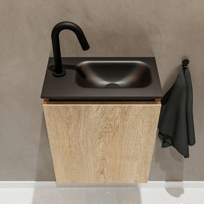 MONDIAZ TURE Fonteinset - 40x23x50cm - 1 kraangat - 1 deur - washed oak mat - Wasbak rechts - Solid Surface Zwart