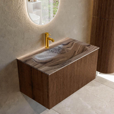 MONDIAZ KURVE-DLUX 80cm badmeubel kleur Walnut met 1 lade en 0 deuren. Wastafel BIG SMALL Midden 1 kraangat Sombra.