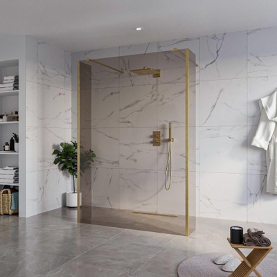 Fortifura Galeria Vrijstaande Inloopdouche - 140x200cm - Rookglas - antikalk - 8mm veiligheidsglas - 2 zijwanden - 40cm - wandsteunen en hoekprofielen - PVD - geborsteld messing (goud)