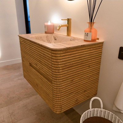 Mondiaz CIRO-DLUX Meuble de salle de bains - 80x45x50cm - Plan vasque solid surface Arena - 1 vasque centrale - 1 trou de robinet - 2 tiroirs - Chêne