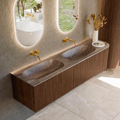 MONDIAZ KURVE-DLUX 175cm badmeubel ronding Rechts kleur Walnut met 2 lades en 1 deur. Wastafel STOR SMALL Dubbel / Links zonder kraangat Oza.