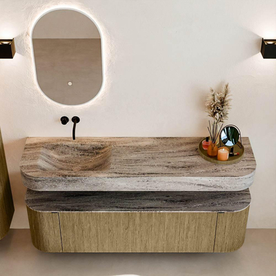 MONDIAZ THOR-DLUX 160cm meuble de salle de bains arrondi gauche + droite couleur Dusk avec 1 tiroir et 2 portes. Vasque suspendue CLOUD Gauche sans trou de robinet couleur Oza.