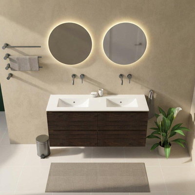 Saniclass Holz Atelier Ensemble meuble de salle de bains - 140x45x62cm - lavabo Vygo en céramique blanc - 2 vasques - sans trous de robinetterie - 4 tiroirs - chêne charcoal brillant (bois)