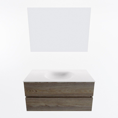 Mondiaz VICA ensemble de meuble de salle de bain - 100cm - meuble sous-vasque marron foncé gris - 2 tiroirs - lavabo moon milieu - sans trous de robinet - couleur talc - miroir LED - version XL 60cm de haut