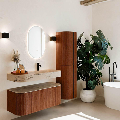 MONDIAZ THOR-DLUX 110cm meuble de salle de bains arrondi gauche + droite couleur Ruby avec 1 tiroir et 2 portes. Vasque suspendue CLOUD droite 1 trou de robinet couleur Arena.