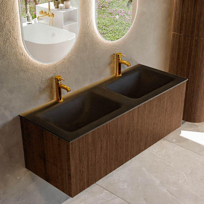 MONDIAZ KURVE 120cm badmeubel kleur Walnut met 1 lade. Wastafel CLOUD dubbel 2 kraangaten Urban.