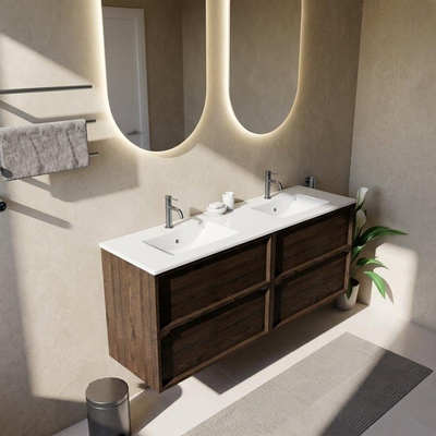 Saniclass Holz Frame Ensemble meuble de salle de bains - 160x45x62cm - Lavabo Vygo en céramique blanc - 2 vasques - 2 trous de robinet - 4 tiroirs - chêne charcoal mat (bois)