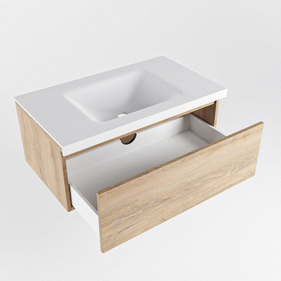 Mondiaz BUKLA Ensemble de meuble - 80x45x34cm - 0 trous de robinet - lavabo centré - solid surface - Talc - sans poignée - 1 tiroir - Mélamine - Chêne blanchi