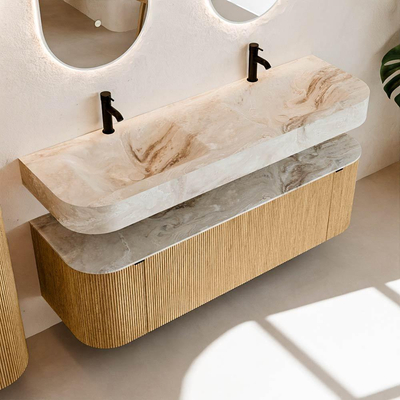 MONDIAZ THOR-DLUX 150cm meuble de salle de bains arrondi gauche + droite couleur Oak avec 1 tiroir et 2 portes. Vasque suspendue CLOUD Double 2 trous de robinet couleur Frappe.