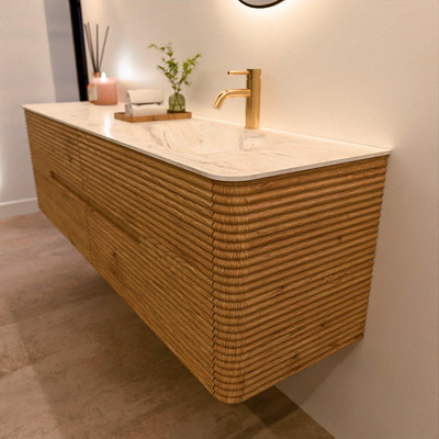 Mondiaz CIRO-DLUX Meuble de salle de bains - 170x45x50cm - Plan vasque solid surface Ostra - 1 lavabo à droite - 1 trou de robinetterie - 4 tiroirs - Chêne