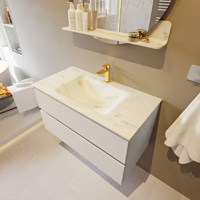 Mondiaz VICA-DLUX Ensemble de meuble de salle de bain - 90cm - meuble sous-vasque lin - 2 tiroirs - lavabo encastré nuage milieu - 1 trou de robinet - miroir modèle spot - version XL 60cm haut - opalo