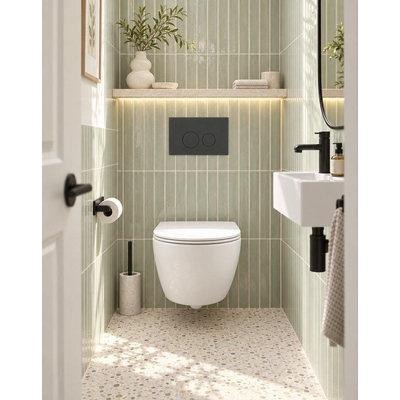 QeramiQ Dely Swirl Compact Toiletset - inbouwreservoir Geberit UP320 - met Burda frame - slim zitting - kunststof bedieningsplaat mat antraciet - ronde knoppen - mat wit
