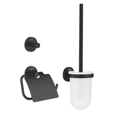 Grohe Start Accessoireset 3-in-1 - closetborstelgarnituur met mat glazen inzet - closetrolhouder met klep - handdoekhaak - matte black (mat zwart)