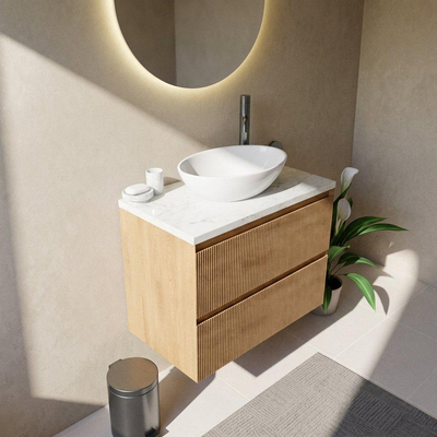 Saniclass Holz Atelier Ensemble meuble de salle de bains - 80x45x63cm - Plan vasque en marbre Dia poli (blanc) - 1 trou de robinetterie - 2 tiroirs - chêne natural mat (bois)