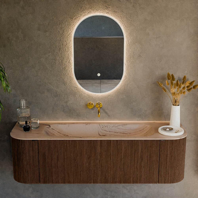 MONDIAZ KURVE-DLUX 150cm meuble de salle de bains arrondi Gauche + Droite couleur Walnut avec 1 tiroir et 2 portes. Lavabo BIG MEDIUM Central sans trou de robinet Arena.
