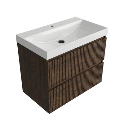 Saniclass Holz Atelier Ensemble de meuble de salle de bains - 80x45x67.5cm - lavabo en céramique Wave - 1 vasque - 1 trou de robinetterie - 2 tiroirs - chêne charcoal mat (bois)