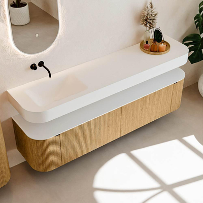 MONDIAZ THOR Meuble de salle de bains 190cm arrondi gauche + droite couleur Oak avec 2 tiroirs et 2 portes. Vasque suspendue CLOUD Gauche sans trou de robinet couleur Talc.