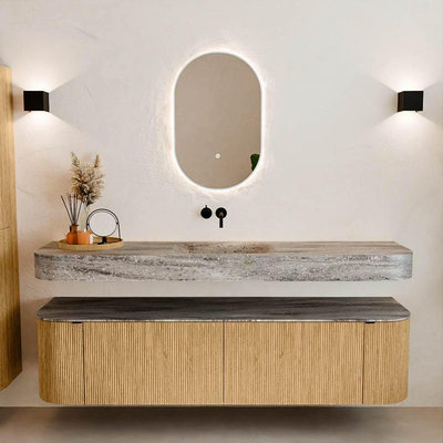 MONDIAZ THOR-DLUX 180cm meuble de salle de bains arrondi gauche + droite couleur Oak avec 2 tiroirs et 2 portes. Vasque suspendue CLOUD Milieu sans trou de robinet couleur Oza.