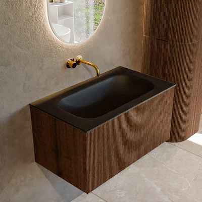 MONDIAZ KURVE 80cm badmeubel kleur Walnut met 1 lade. Wastafel BIG SMALL midden zonder kraangat Urban.