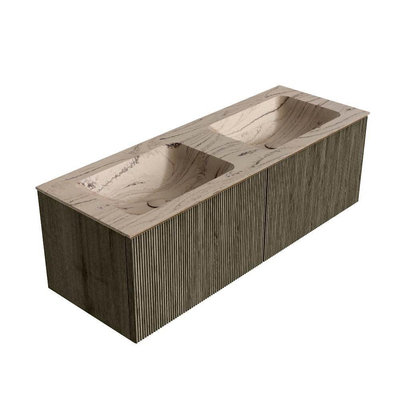 MONDIAZ KURVE-DLUX Meuble de salle de bains 130 cm couleur Shadow avec 2 tiroirs et 0 porte. Plan-vasque LEAF Double sans trou de robinet Arena.