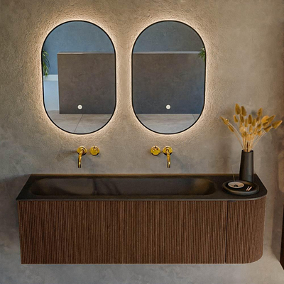 MONDIAZ KURVE 145cm meuble de salle de bains avec module 25 R couleur Walnut avec 1 tiroir et 1 porte. Lavabo BIG LARGE gauche sans trou de robinet Urban.