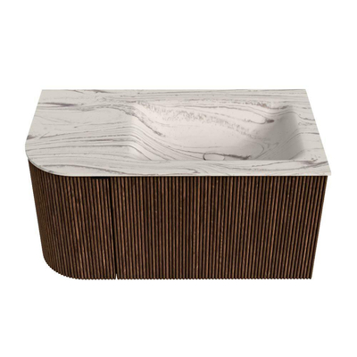 MONDIAZ KURVE-DLUX Meuble de salle de bains 85cm arrondi à gauche couleur Walnut avec 1 tiroir et 1 porte. Lavabo CLOUD à droite 1 trou de robinet Nata.