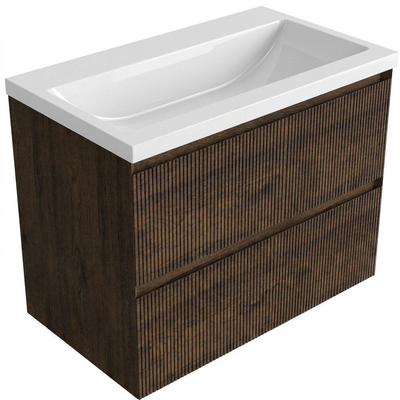Saniclass Holz Atelier Ensemble de meubles de salle de bains - 80x45x63.5cm - lavabo Bari en céramique blanc - 1 vasque - sans trou de robinetterie - 2 tiroirs - chêne charcoal mat (bois)
