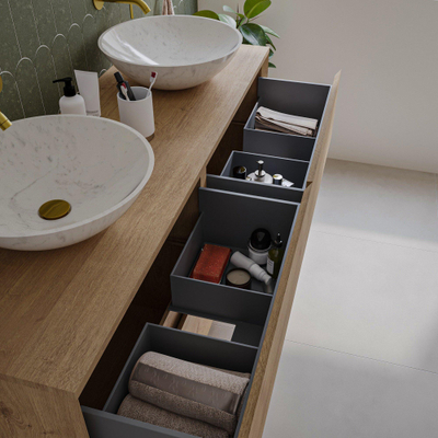 Saniclass Holz Pure Meuble de salle de bain - 140x45x60cm - lavabo en céramique blanc - 2 vasques - 2 trous de robinet - 4 tiroirs - Chêne Natural